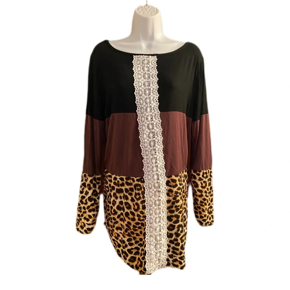 NWOT Black, Brown and Leopard Tunic, Size XL - Picture 1 of 5